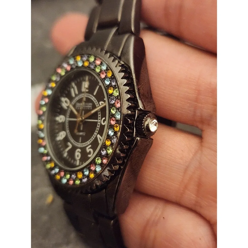 Joan Rivers Black Watch Stainless Steel Band Rhinestone Accent Elegant Timepiece